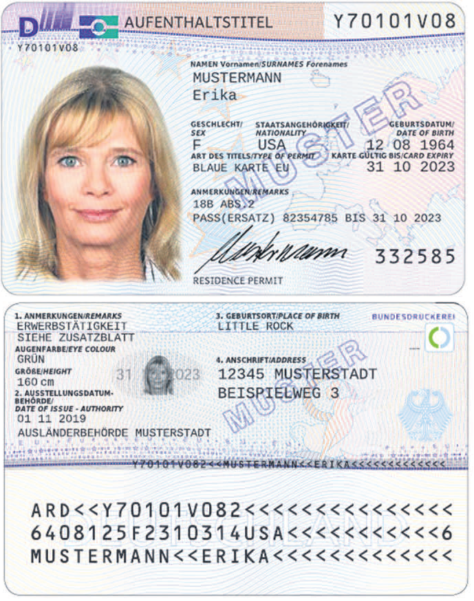 Modelo oficial de la Tarjeta Azul UE (eAT). Las características de seguridad y el diseño técnico se mantienen vigentes según el estándar de la República Federal de Alemania.