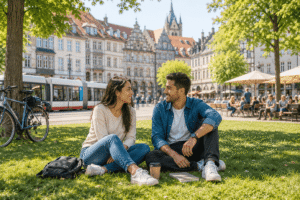 Pareja feliz relajándose en el parque de la ciudad. Cuando muchas personas en Colombia y en otros países de América Latina piensan en Alemania, suelen imaginar ciudades como Berlín, Múnich o Hamburgo.