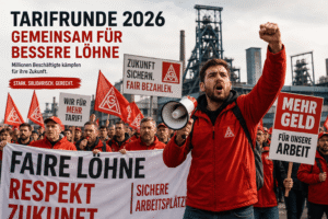 Manifestación de trabajadores frente a una planta industrial. En primer plano, un dirigente sindical con un megáfono. Las negociaciones salariales vuelven a ganar fuerza en Alemania. Durante 2026, varios sectores importantes discuten nuevos convenios colectivos.