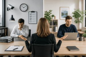 La superior está sentada a la mesa. A su izquierda, frente a ella, hay un hombre joven de actitud pasiva y, a su derecha, otro que trabaja activamente en su portátil. La X-Y-teoría: liderazgo entre control y confianza. La transformación de la economía alemana està cambiando también la forma de dirigir equipos.